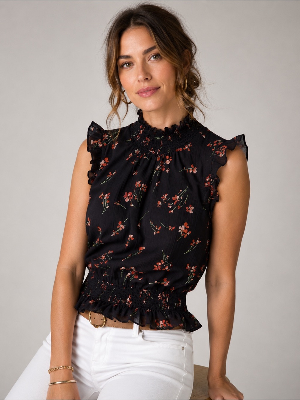 J. Crew Black Smocked Floral Ruffle Blouse